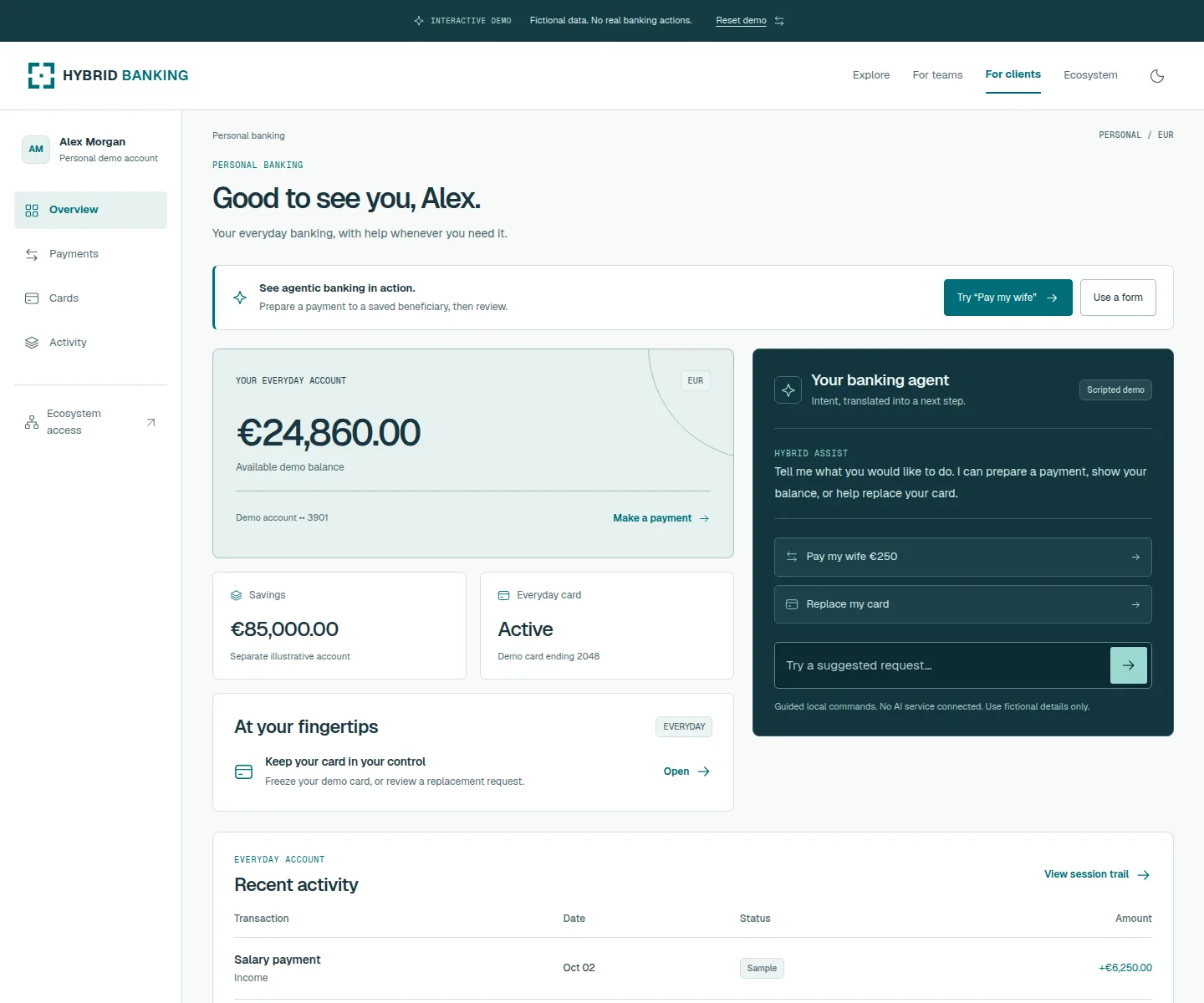 Hybrid Banking's illustrative client workspace with account summaries and a banking assistant